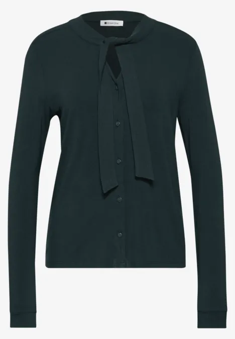 Shirt met lange mouwen in blouse-stijl stormy green Donkergroen damesvest in gebreide stof met knoopsluiting en strikkraag.