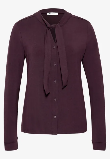 Langarm Shirt im Blusen-Look berry plum Lila Strickjacke mit Knopfleiste und Schleifenkragen, langärmlig.