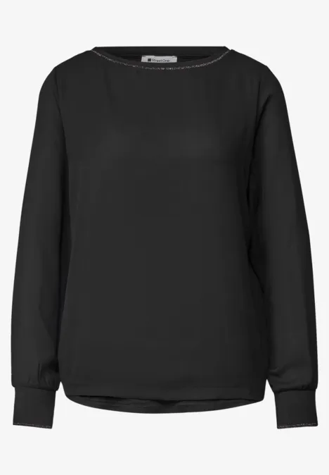 2-in-1 Sirt aus Chiffon mit Boat Neck Black Schwarze, schlichte Bluse mit langen Ärmeln und Rundhalsausschnitt.