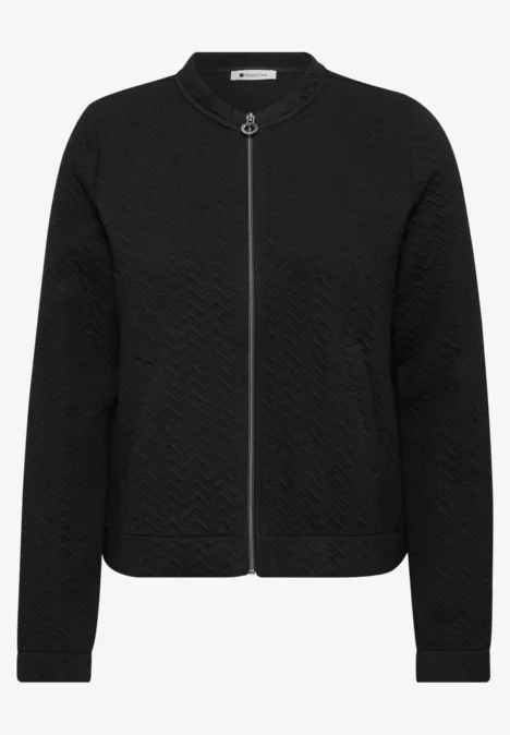 Leichte Sweatjacke mit Struktur und Zipper Black Schwarze gesteppte Jacke mit Reißverschluss und rundem Ausschnitt.