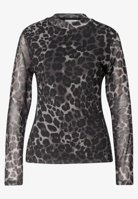 Damen-Longsleeve mit rundem Ausschnitt und transparentem Stoff in Schwarz-Grau mit Leo-Muster.