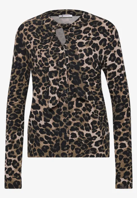 Langarm Shirt im Blusen-Look mit Leo-Muster Black Leichter Langarm-Cardigan mit braun-schwarzem Leopardenmuster.