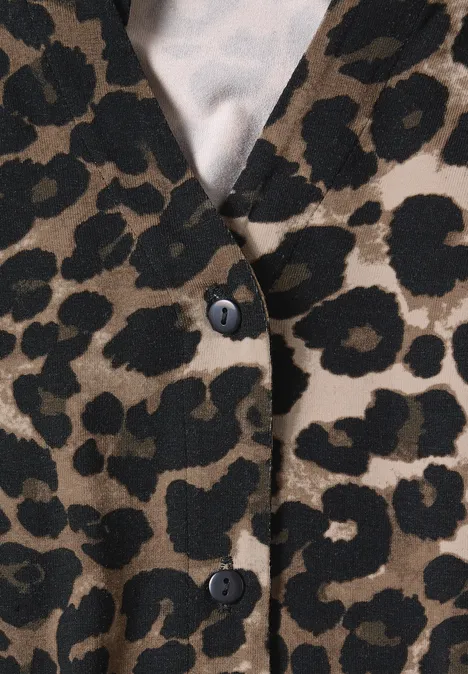 Langarm Shirt im Blusen-Look mit Leo-Muster Black Braun-schwarzer Blazer im Leopardenmuster mit schwarzen Knöpfen