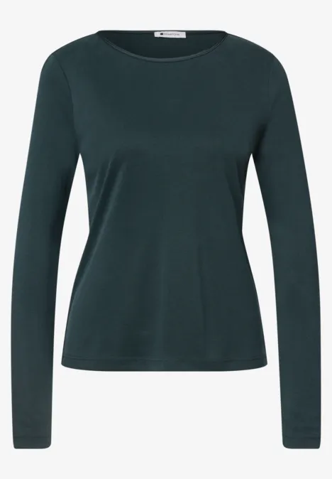 Shirt met lange mouwen, ronde hals en satijndetail stormy green Een effen donker groen shirt met lange mouwen en ronde hals.
