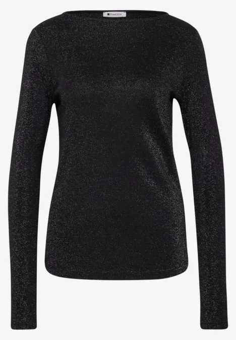 Shirt met lange mouwen, boothals en glitters Black Schwarzes, langärmliges Damenoberteil mit schimmerndem Glitzereffekt.