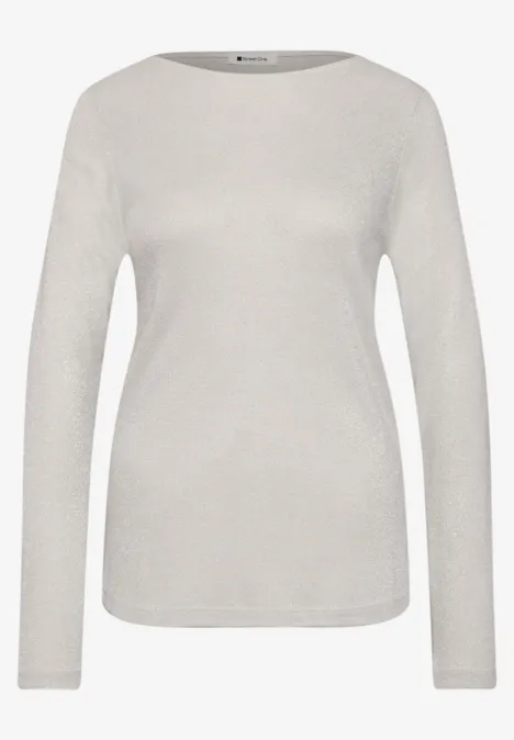 T-shirt à manches longues, col bateau et paillettes pure beige Einfacher cremefarbener Langarmshirt mit rundem Ausschnitt.