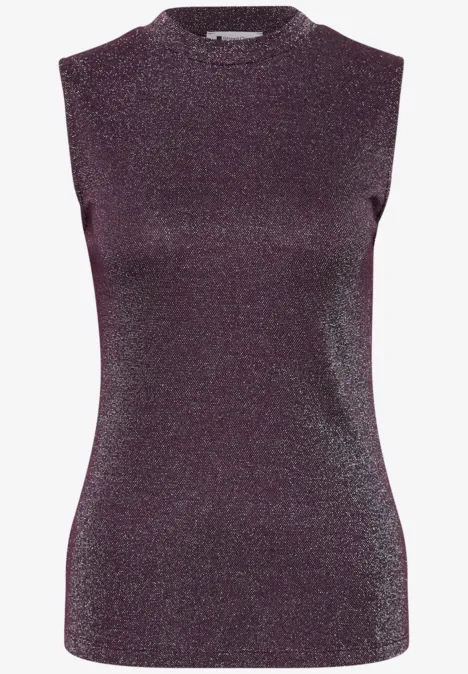 Top met col en glitters berry plum Mouwloze paars glinsterende top met subtiele glitter en smalle pasvorm.