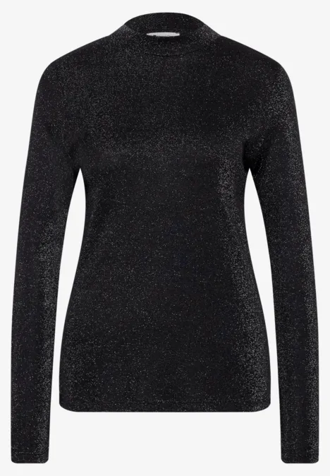 Shirt met lange mouwen, col en glitters Black Zwarte glinsterende top met lange mouwen en aansluitende pasvorm.