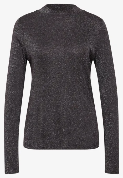 Shirt met lange mouwen, col en glitters black coffee Zwart longsleeve shirt met subtiel glinsterend effect.