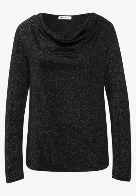 Langarm Shirt mit Wasserfallfront Black Schwarze, glitzernde Damenbluse mit Wasserfallausschnitt und langen Ärmeln