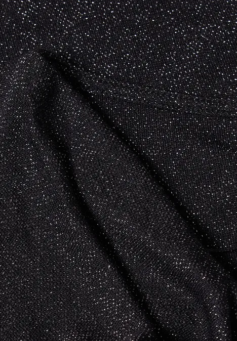 Langarm Shirt mit Wasserfallfront Black Schwarzer Stoff mit feinem, silbrig schimmerndem Glitzermuster