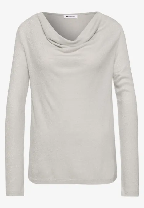 T-shirt à manches longues avec encolure en cascade pure beige Helles graues Langarmshirt mit weitem, drapiertem Wasserfallausschnitt