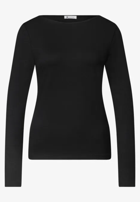 Basic shirt met boothals Black Schwarzes, langärmeliges, eng anliegendes Shirt mit Rundhalsausschnitt.