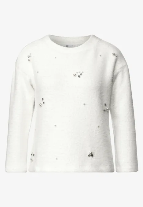 3/4-Arm Shirt mit dekorativen Details off white Weißer, langärmeliger Rundhalspullover mit leichter Destroyed-Optik und dezenten schwarzen Punkten.