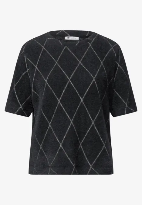 Schwarzes, kurzärmeliges Shirt mit dezentem Rautenmuster.