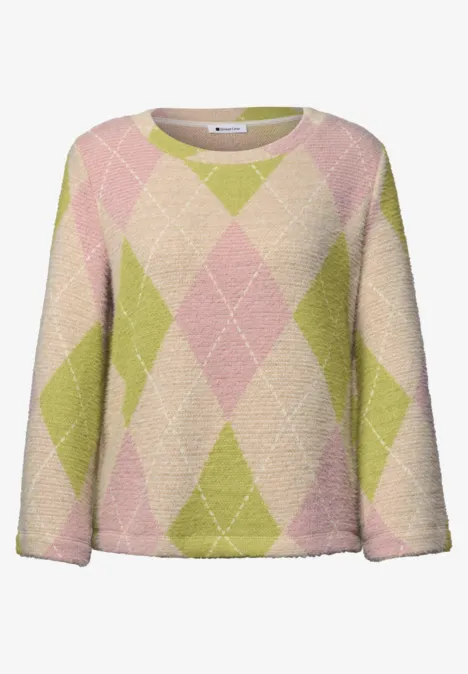 Flauschiger Fleecepullover in Pastellrosa und Lindgrün mit großem Rautenmuster