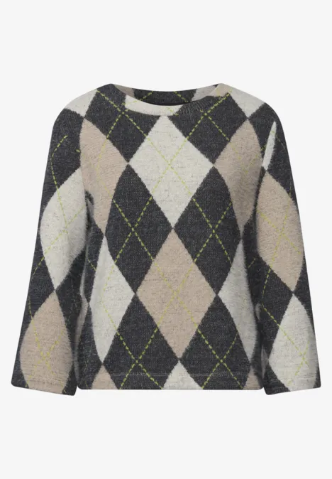 Weicher Strickpullover mit Argyle-Rautenmuster in Schwarz, Grau, Beige und dezenten grünen Linien.