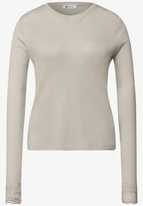 Shirt met glitters en kant pure beige Beige longsleeve met ronde hals en fijne kanten zoom aan de mouwen.