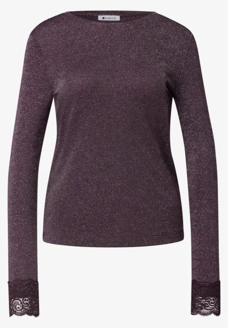 Shirt met glitters en kant berry plum Paars glinsterend shirt met lange mouwen en kanten afwerking bij de manchetten