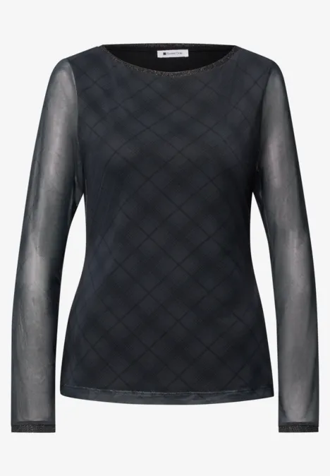 Langarm Shirt aus Mesh mit Karomuster armor grey Schwarzes, langärmliges, transparentes Top mit dezentem Karomuster