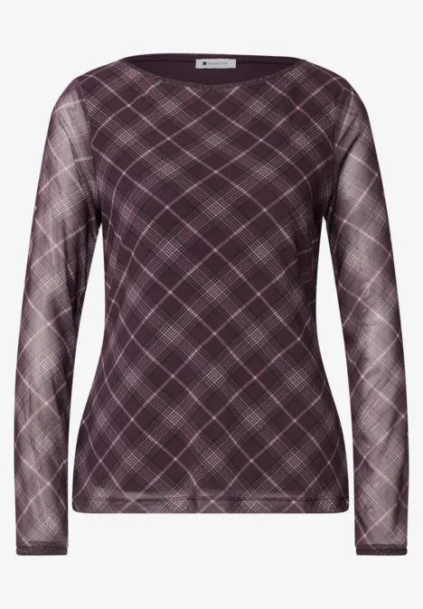 Haut transparent à manches longues violet avec motif à carreaux fin.