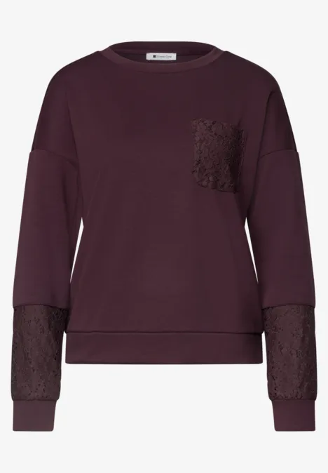 Sweat-shirt à détails dentelle berry plum Bordeauxfarbenes Sweatshirt mit Spitzenbesatz an Ärmeln und Brusttasche