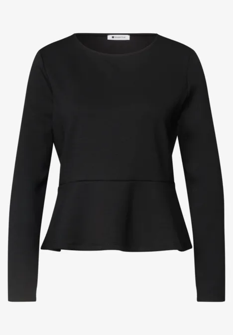 Langarm Shirt mit Volant-Saum Black Schwarzes, langärmeliges Damenoberteil mit Rundhalsausschnitt und schwingendem Schößchen.