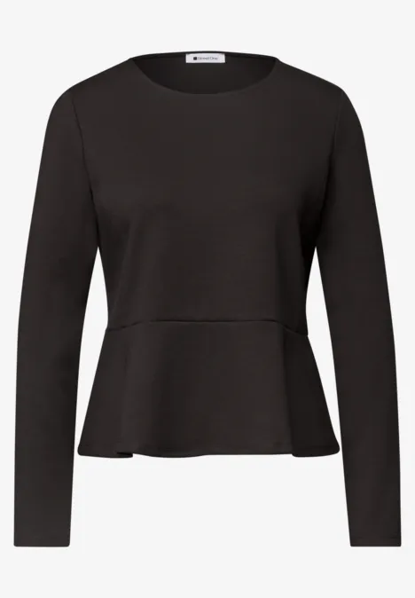 Langarm Shirt mit Volant-Saum black coffee Schwarzes Langarmshirt mit Rundhalsausschnitt und tailliertem, ausgestelltem Saum