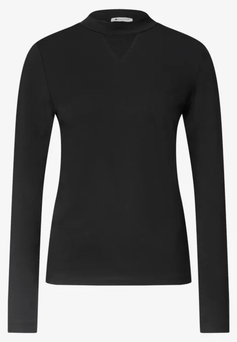 Shirt met lange mouwen, col en mesh-detail Black Schlichtes schwarzes Langarmshirt mit Rundhalsausschnitt.