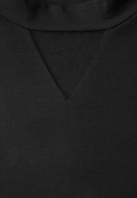 Shirt met lange mouwen, col en mesh-detail Black Schwarz melierter Pulloverstoff mit V-förmiger Ziernaht am Halsausschnitt.