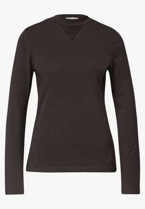 Shirt met lange mouwen, col en mesh-detail black coffee Zwart T-shirt met lange mouwen en V-hals.