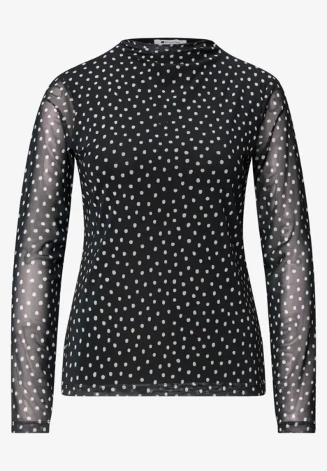 Shirt aus Mesh mit Turtle Neck und Print Black Schwarzes, langärmliges Mesh-Oberteil mit weißen Polka-Dots und Rundhalsausschnitt.