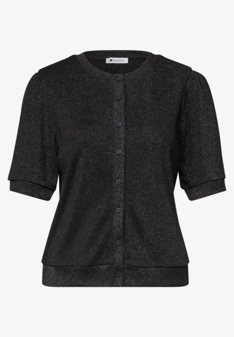 Kurzarm Jacke mit Rundhals und Glitzer Black Schwarze, funkelnde Kurzarm-Strickjacke mit Rundhalsausschnitt und Knopfleiste.