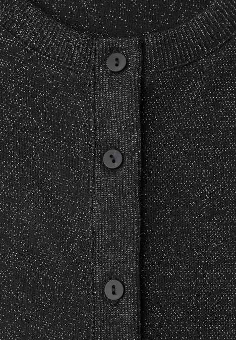 Kurzarm Jacke mit Rundhals und Glitzer Black Schwarzer Strickcardigan mit silbernem Glitzerschimmer und drei Knöpfen.