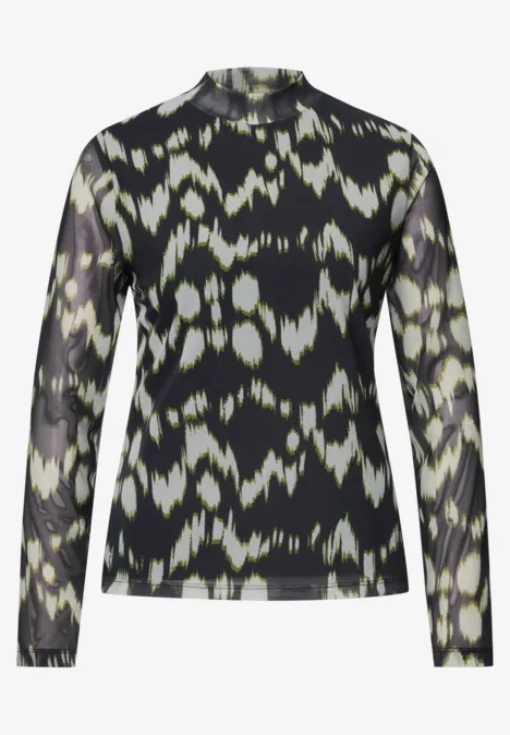 Shirt van mesh met col en print Black Eleganter schwarzer Langarmshirt mit abstraktem cremefarbenem Muster.