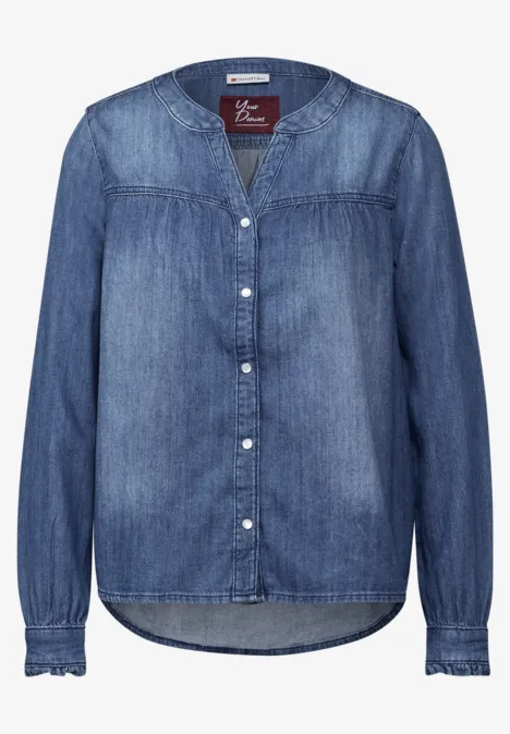 Jeans-Bluse mit Rüschen mid blue soft wash