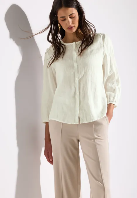 Rundhalsbluse aus Leinen off white