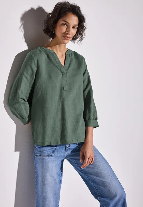 Leinenmix-Bluse in Unifarbe garden green