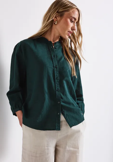 Leinenmix Bluse mit Rüschen dark garden green