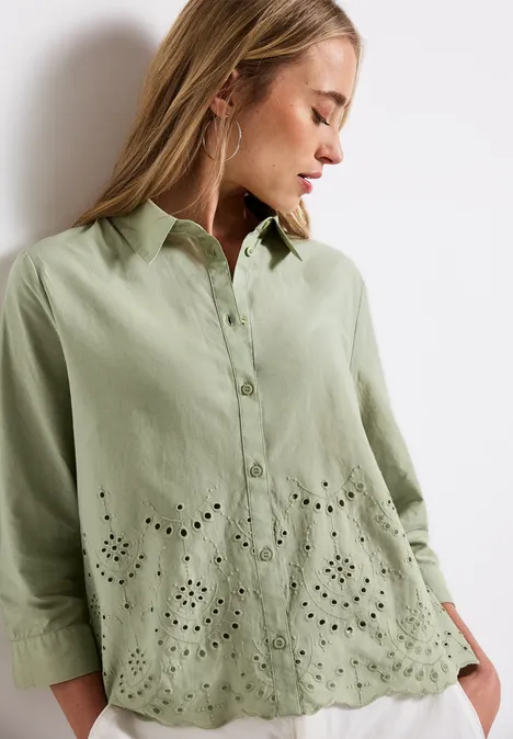 Hemdbluse mit Stickerei soft moss green