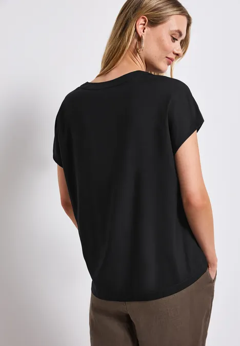 Split Neck Bluse in Unifarbe Black