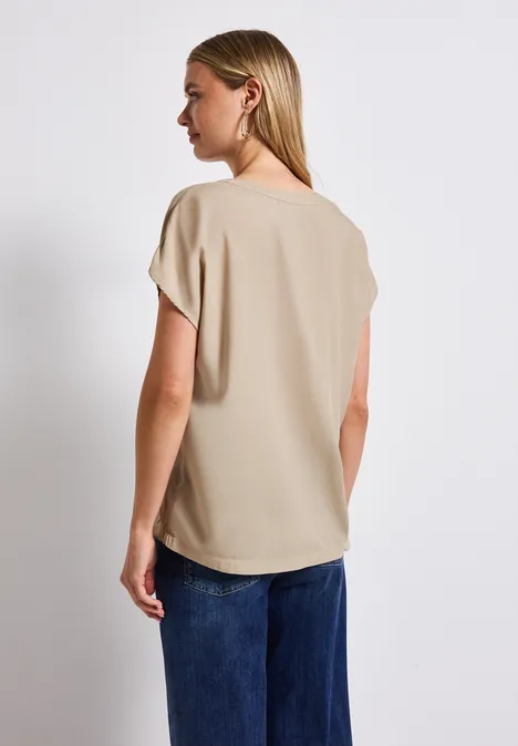 Split Neck Bluse in Unifarbe coastal beige