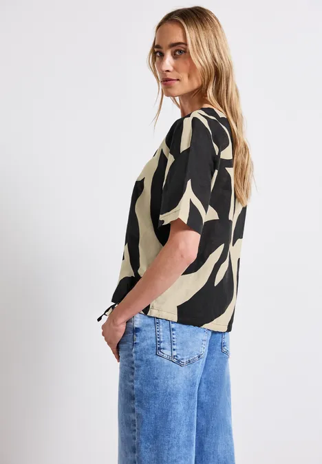 Leinenmix Print-Blusenshirt whale tail grey