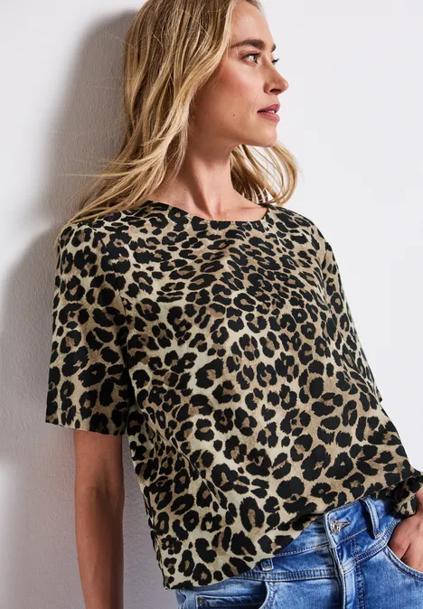 Leinenmix Print-Blusenshirt Black