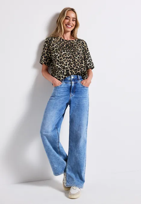Leinenmix Print-Blusenshirt Black