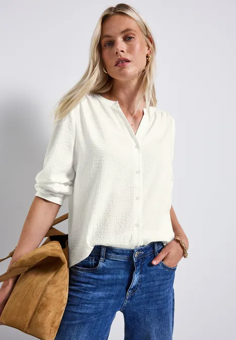 Seersucker blouse met gespleten hals off white