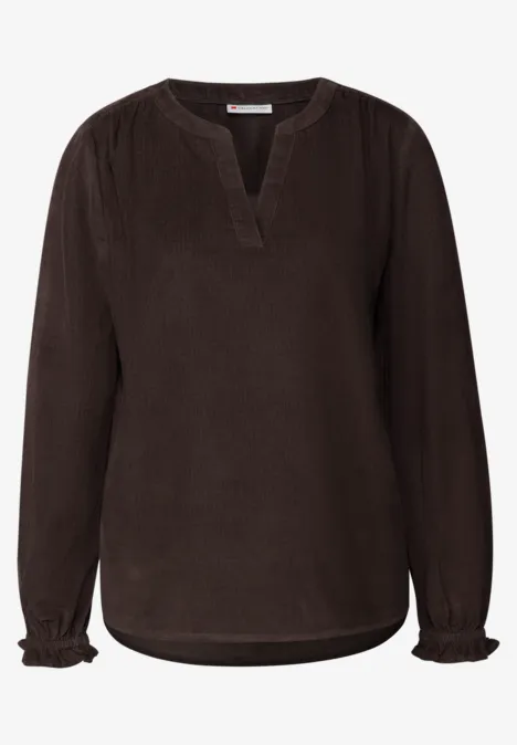 Corduroy blouse met ruches deep roast brown