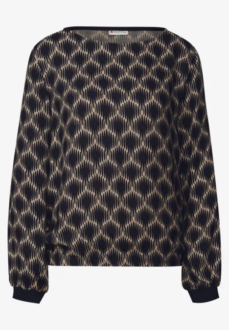 Bedrukte blouse met elastische zoom sanded beige
