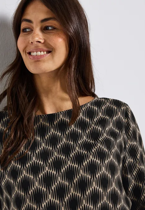 Print-Bluse mit Elastiksaum sanded beige