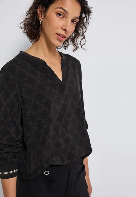 Split Neck Bluse mit Tape Black